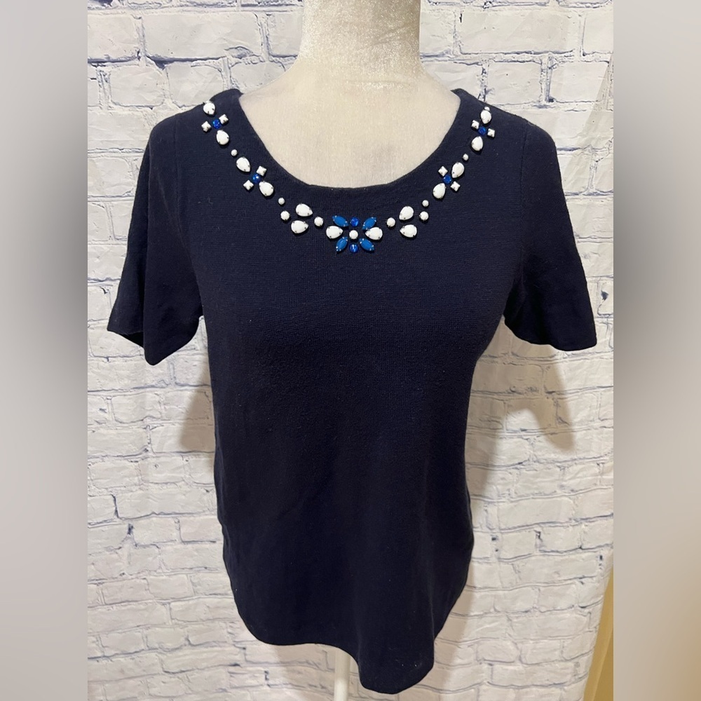 The Limited Embellished Neckline Crew Neck Top in Navy Cotton Medium